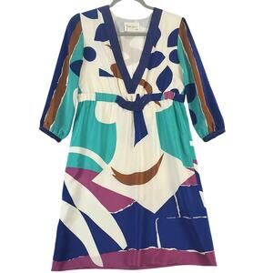 Yumi Kim Multicolor Abstract 100% Silk Dress S Plunge VNeck 3/4 Sleeve Geo Print